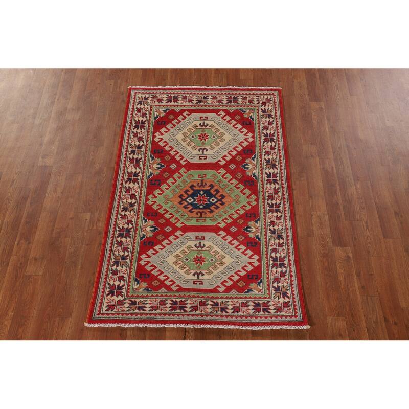 Geometric Kazak Rug Handmade Wool Carpet - 3'2"x 5'0"