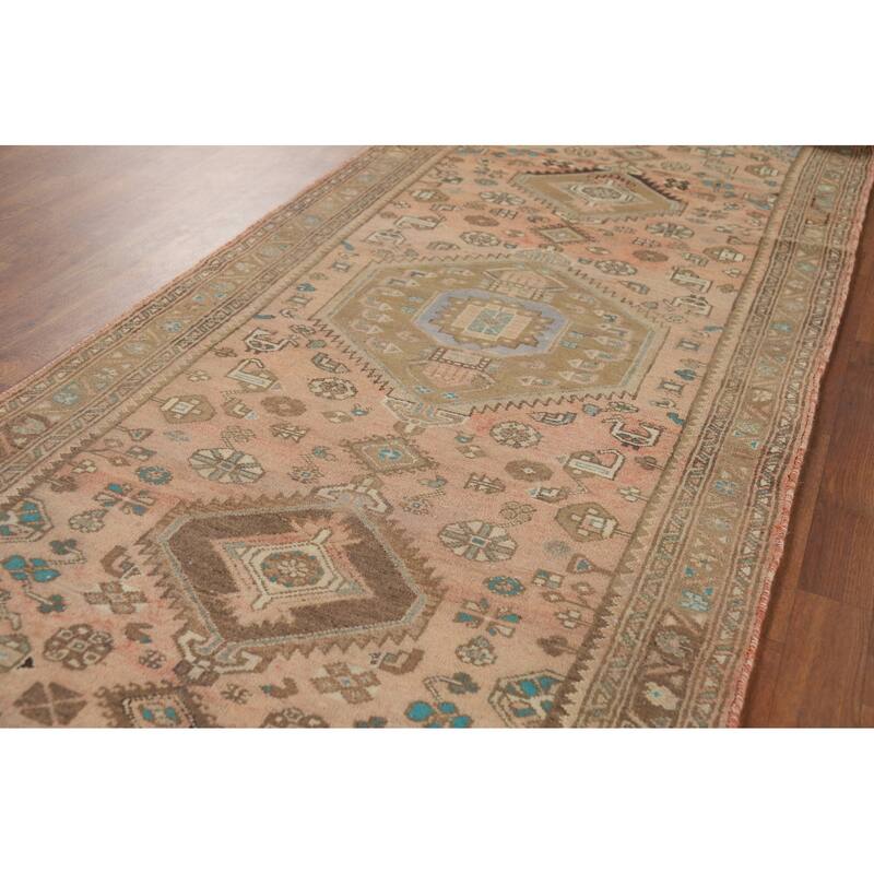 Geometric Hamedan Persian Vintage Runner Rug Handmade Wool Carpet - 3'5" x 9'3"