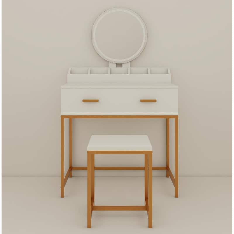 Vanity Set with Mirror and Stool - Makeup Vanity Table with Storage Drawers and Organizer, White and Gold, Space-Saving Design