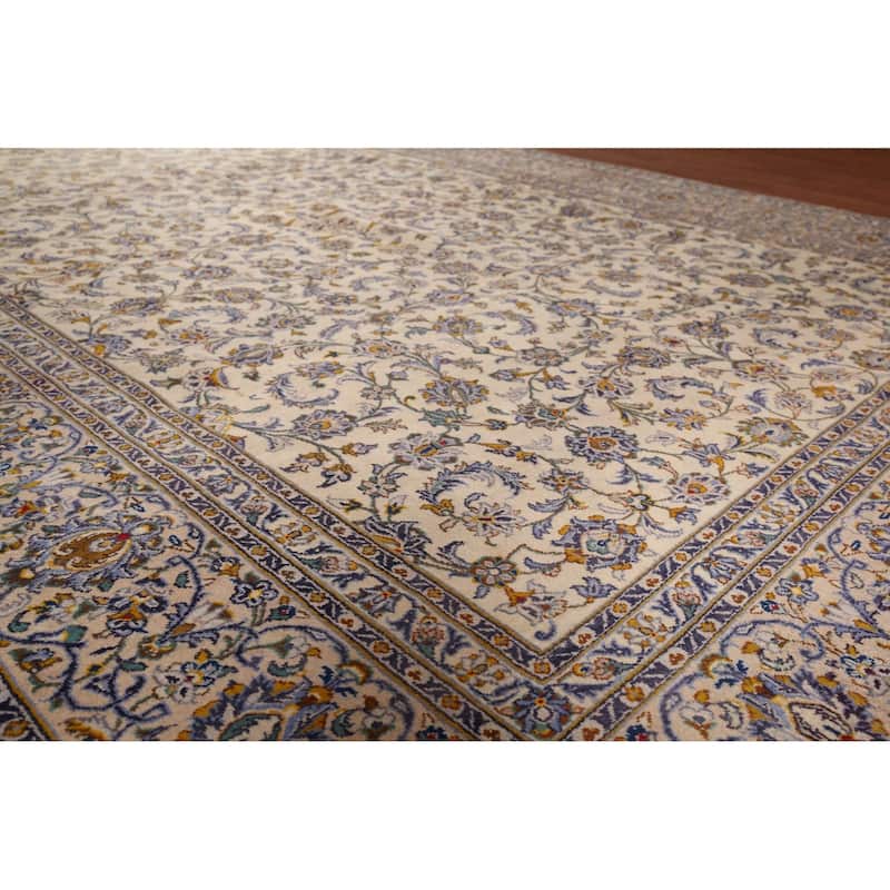Ivory Floral Kashan Persian Vintage Area Rug Handmade Wool Carpet - 9'10"x 13'2"