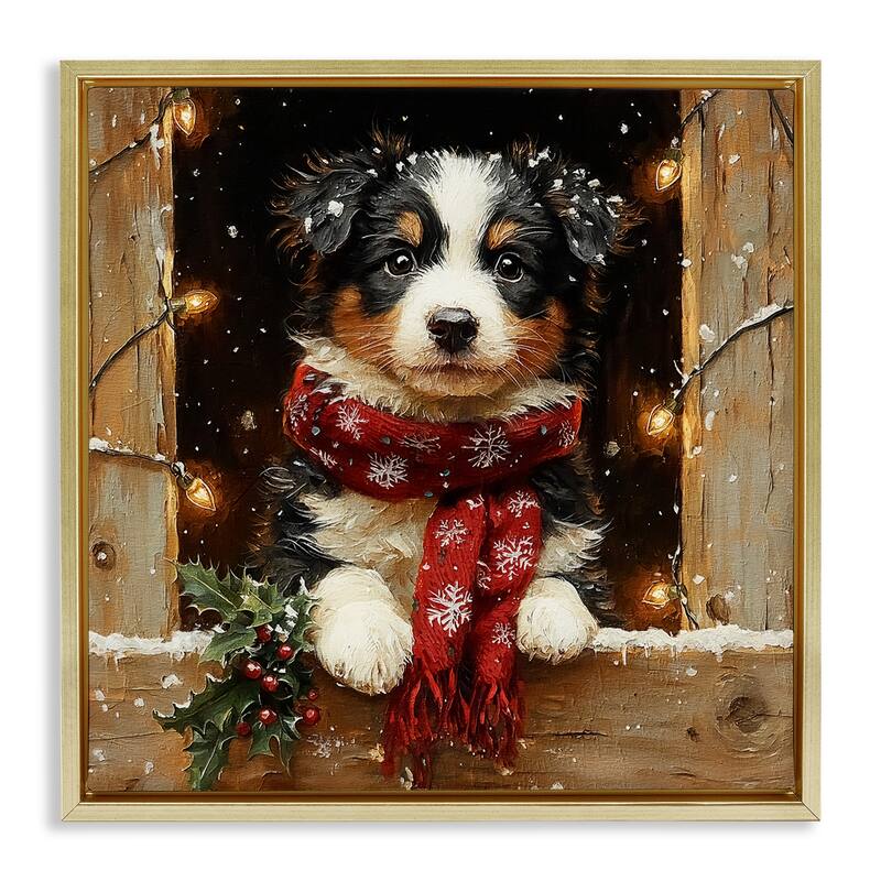 Stupell Snowy Christmas Lights Puppy Framed Floater Canvas Wall Art Design By Riley B - 18 x 18 - Gold