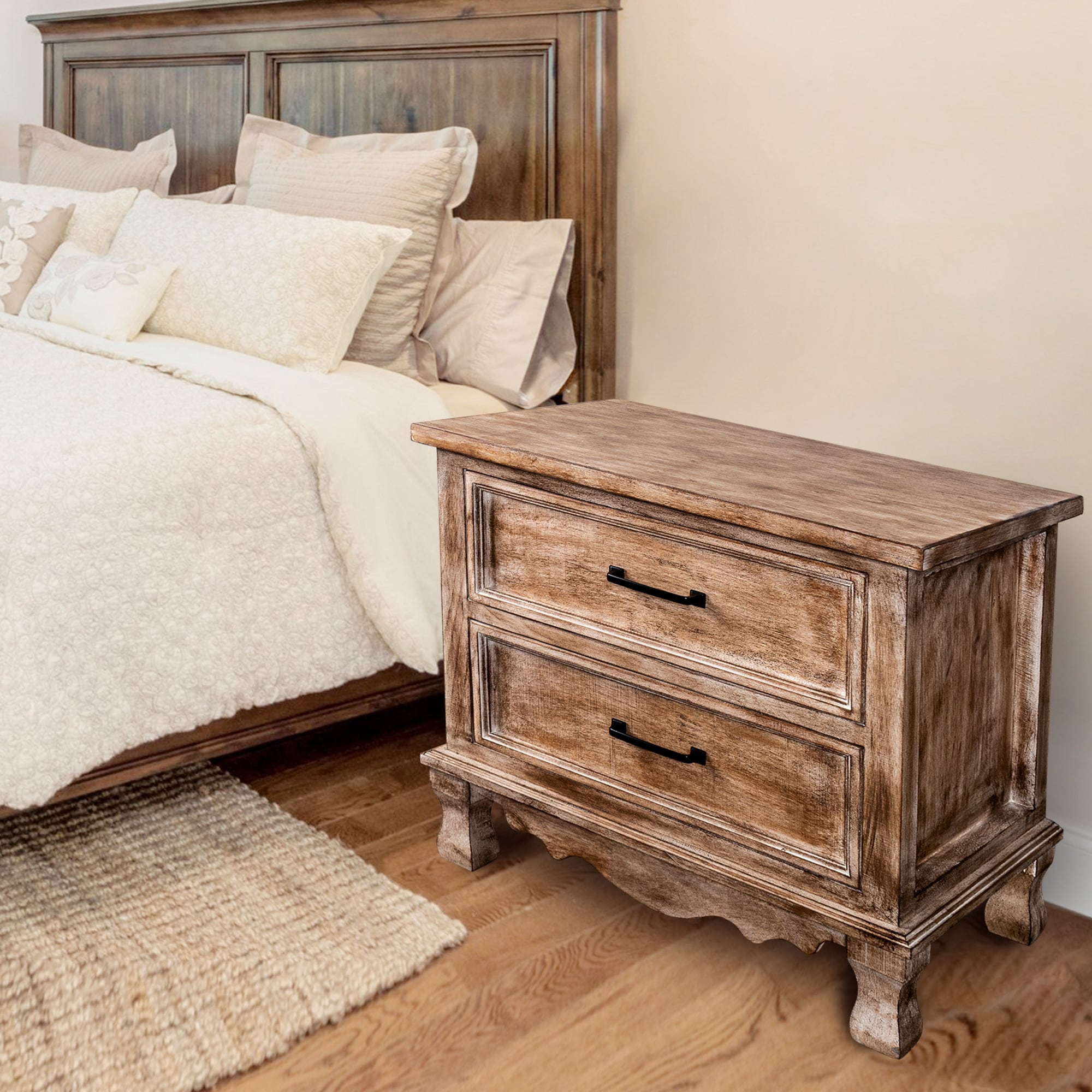 Rustic Distressed Solid Wood 2 Drawer Nightstand Bed Side Table