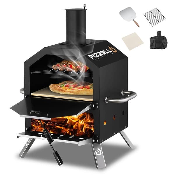 slide 2 of 10, Outdoor Wood Fired Pizza Oven 2-Layer Pizza Maker Outside Pizza Grill for Backyard Parties - 12 inch Black