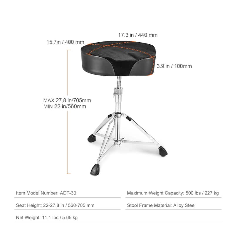 Drum Throne with Backrest ydraulic Saddle Padded Drum Stool Seat with Anti-Slip Feet Drumsticks