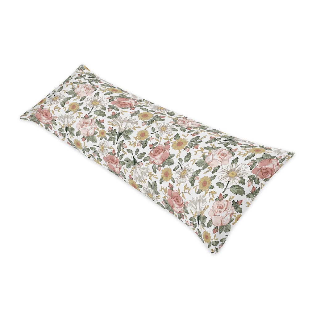 Sweet Jojo Designs Vintage Floral Boho Body Pillow Case (Pillow Not Included) Pink Yellow Green White Shabby Chic Rose Farmhouse