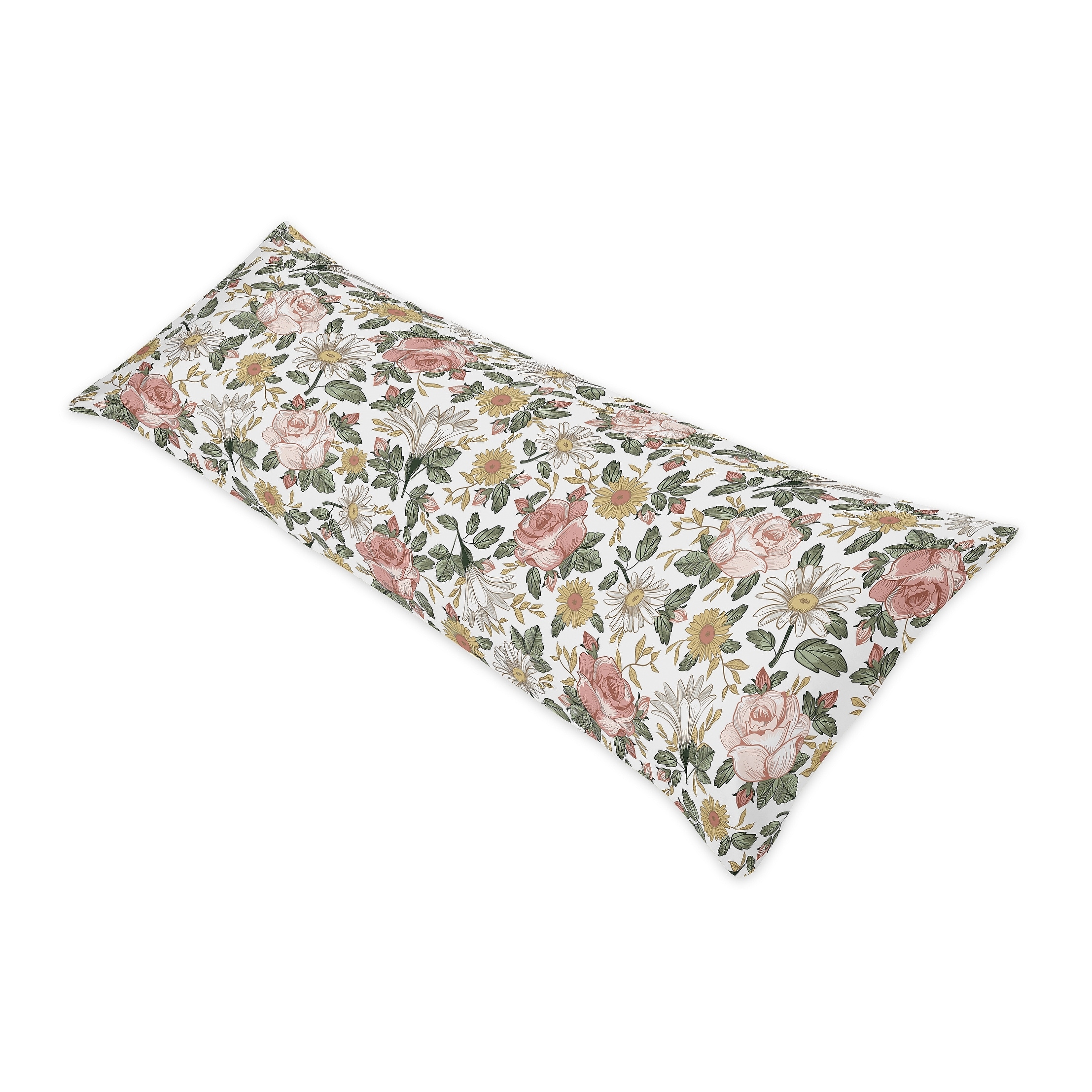 Sweet Jojo Designs Vintage Floral Boho Body Pillow Case (Pillow Not Included) Pink Yellow Green White Shabby Chic Rose Farmhouse