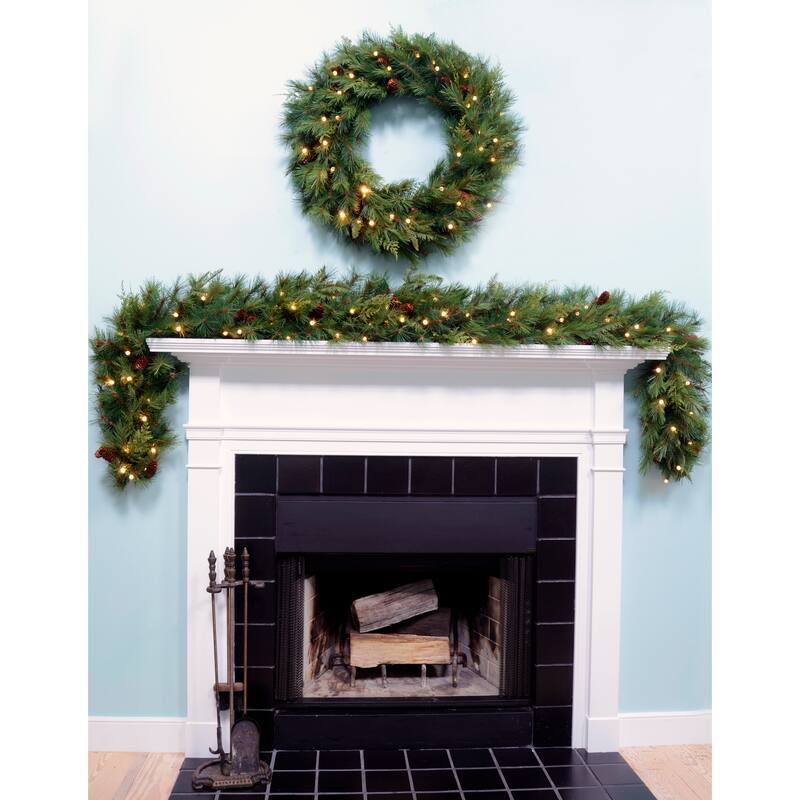 6' or 9' Mixed Mountain Cypress B/O Garland w/WW & Multi LED Lights
