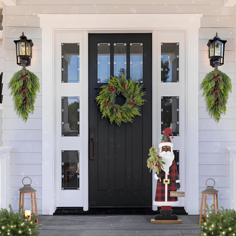 Glitzhome 35.75"H Lighted Wooden Africa Santa Porch Decor with Timer - Multi