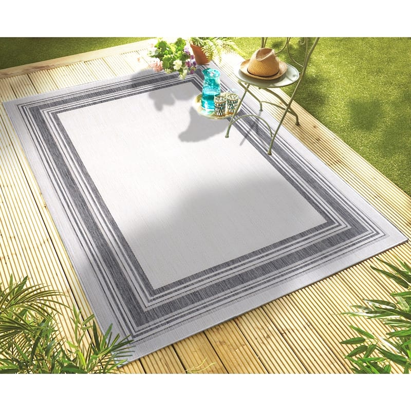 Sevita Framing Striped Bordered Indoor Outdoor Rug - 7'6" x 9'5" - White/Cream/Anthracite/Gray