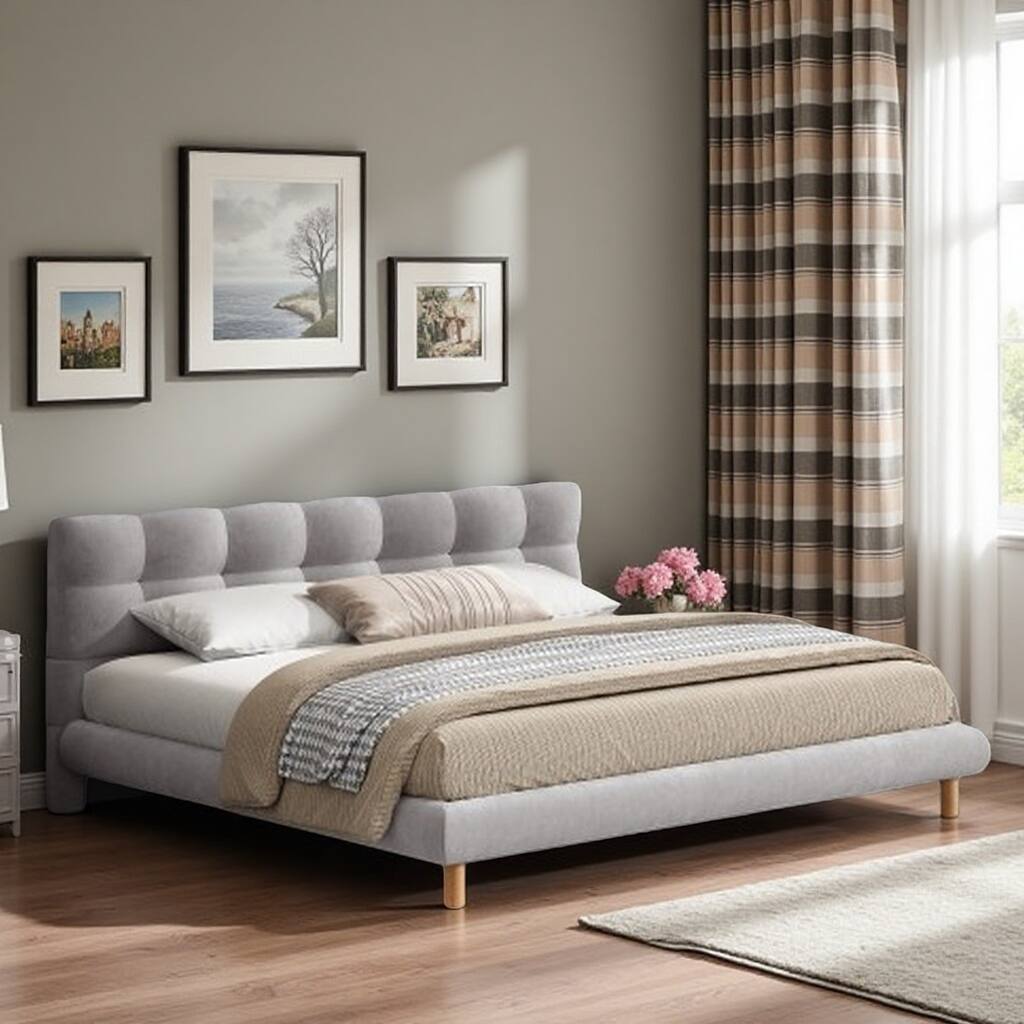 King Size Chenille Upholstered Platform Bed with Unique Curved Headboard, Grey Fabric, Sturdy Rubber Wood Frame, Easy Assembly