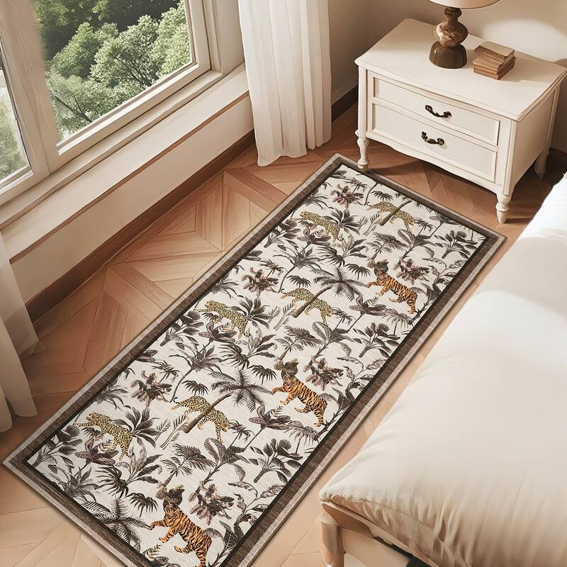 Living Room Rug Jungle Tiger Area Rug Plant Rugs Low Pile Non Shedding Soft Accent Carpet for Bedroom, Dining Room