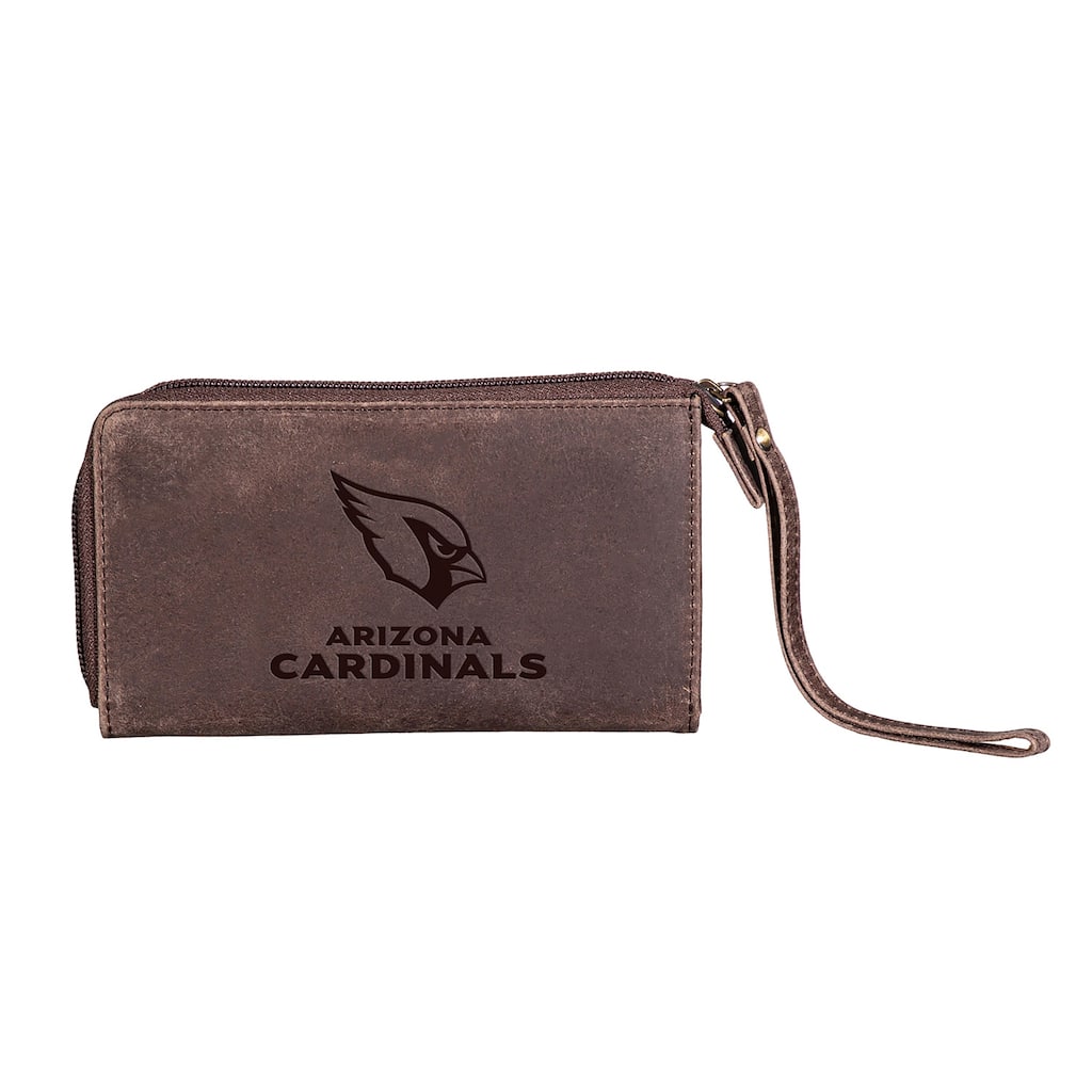 Brown Leather Cell Phone Wristlet Wallet, Arizona Cardinals - 4" x 7"