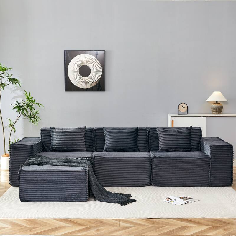 L-Shaped Modular Sectional Sofa,3-Seater with Ottoman,Striped Corduroy Fabric for Home, Apartment, Office