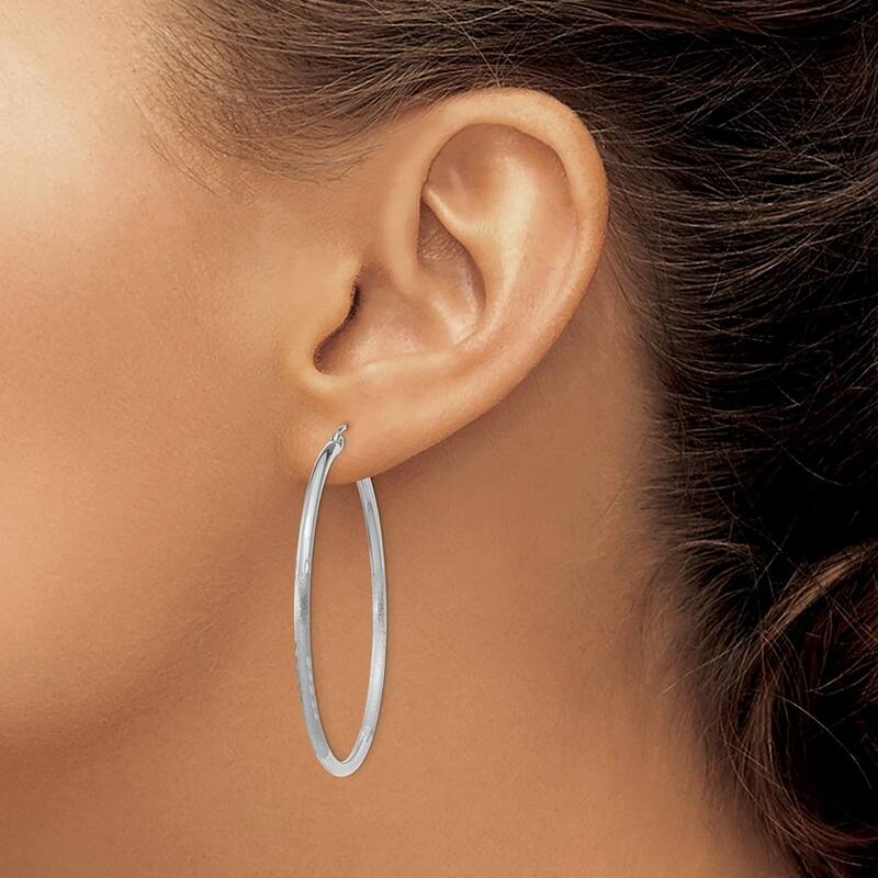 Curata 14k White Gold Satin and Sparkle Cut 42x2mm Round Hoop Earrings
