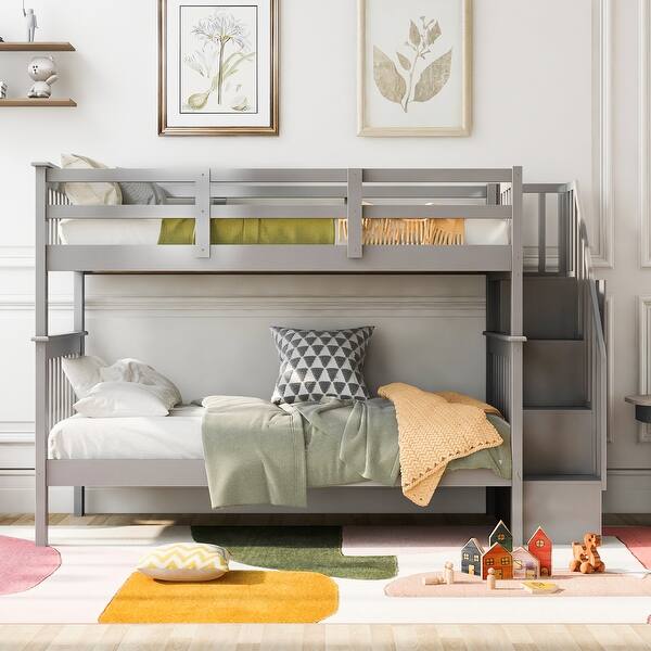 slide 2 of 38, Space-Saving Stairway Twin over Twin Bunk Bed with Storage & Guard Rails Light Grey