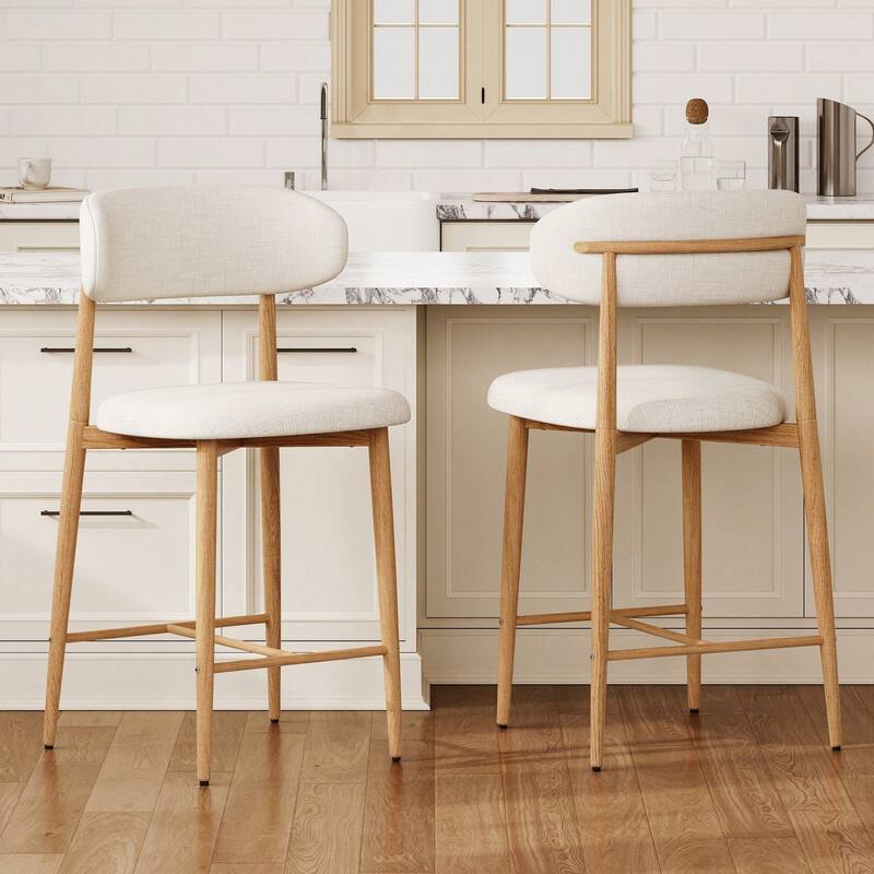 Set of 2 Beige Counter Height Bar Stools, Modern Upholstered Counter Stools with Metal Legs for Kitchen Island Dining Room