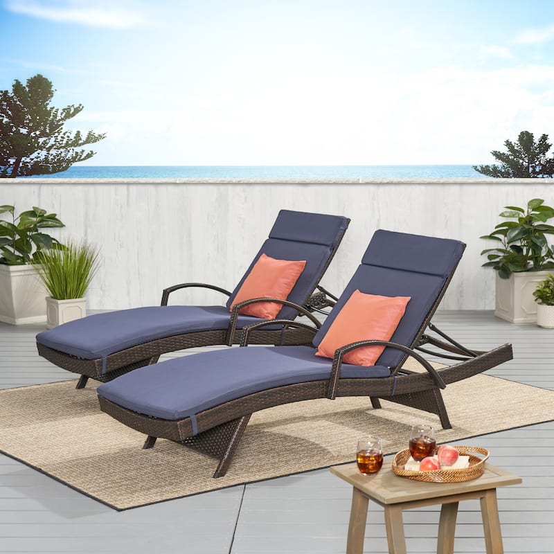 Vilano Outdoor Cushioned Lounge Chair (Set of 2) by Christopher Knight Home - Brown/Navy Blue