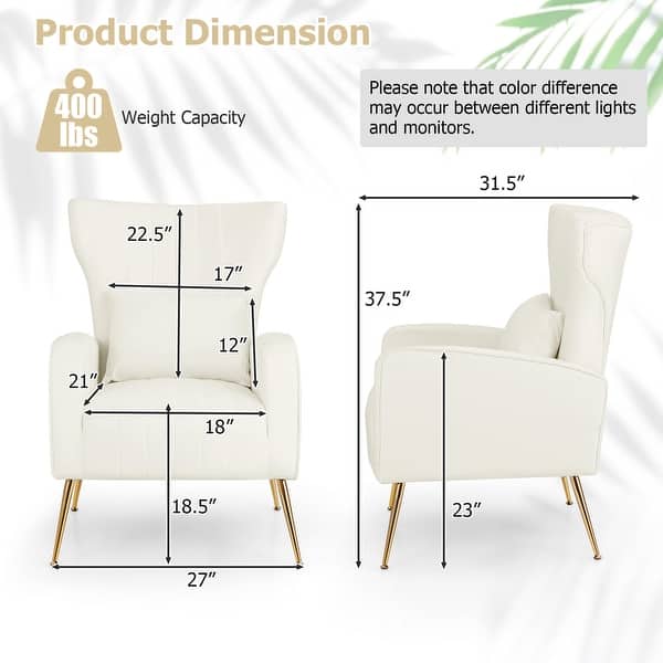 dimension image slide 0 of 4, Costway Velvet Upholstered Wingback Chair with Lumbar Pillow & Golden - See Details