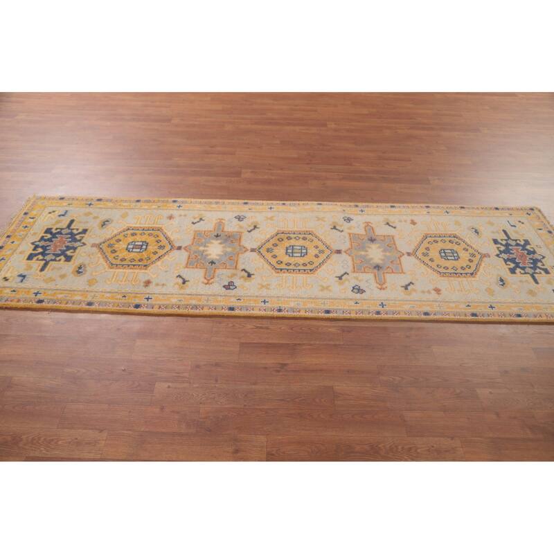 Geometric Kazak Runner Rug Hand-Knotted Beige Wool Carpet - 2'5"x 8'0"