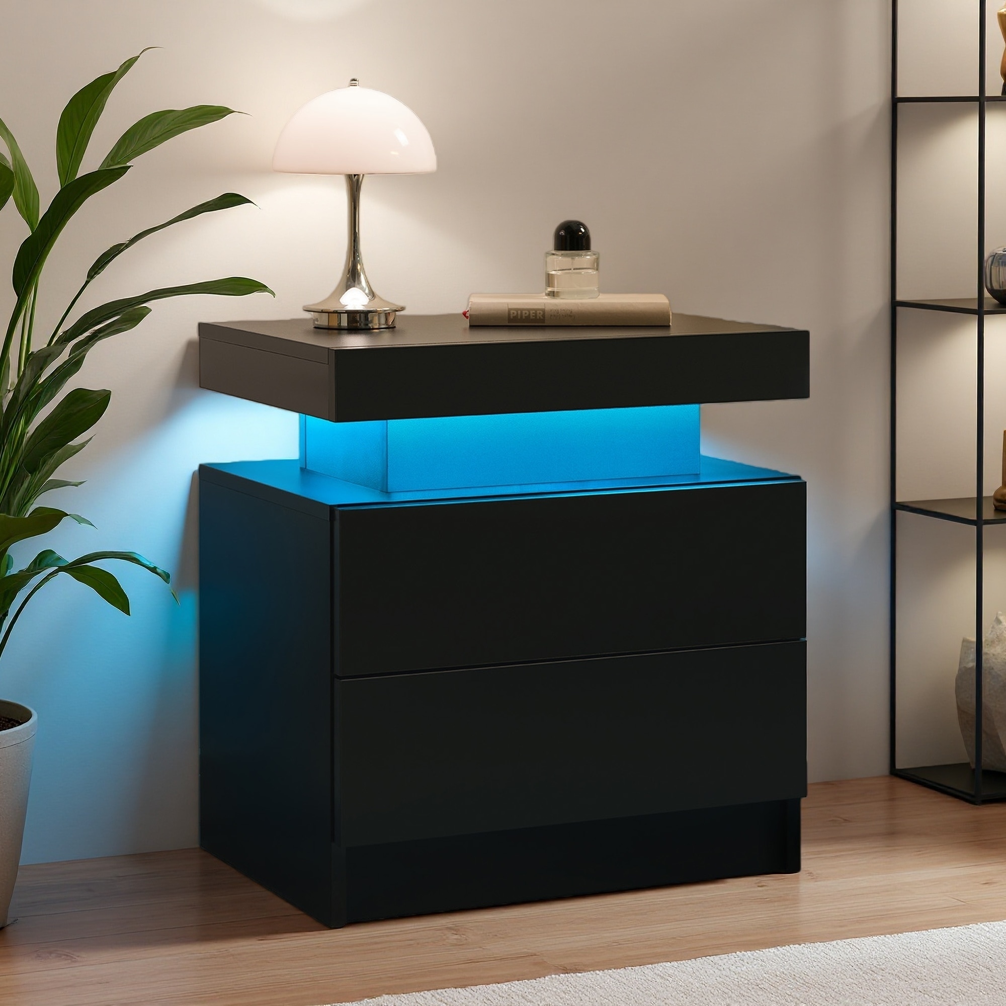 19.3"L Compact MDF Nightstand with Multi-Color LED Lights & 2 Drawers, Bedside Table End Side Cabinet for Bedroom & Living Room