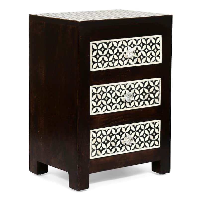 Boho Bone Inlay Nightstand - 3 Drawer Mango Wood, Handcrafted