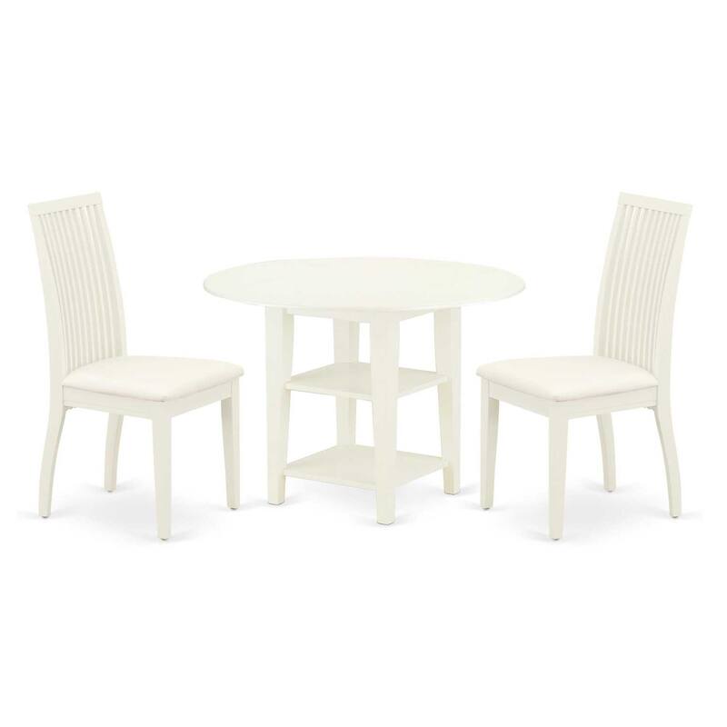 HomeStock 3-Pc Linen White Finish Round Solid Wood Top With Dropleaf Dining Table Set