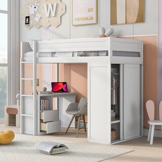 Pine Wood Loft Bed with Wardrobes, 2-Drawer Desk, and Cabinet, Full-Length Guardrail