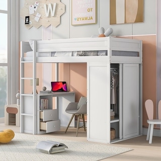 White Wood Loft Bed with Wardrobes and 2-Drawer Desk with Cabinet