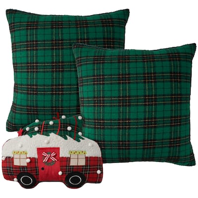 Mina Victory Holiday Pillows Plaid Sherpa Camper set3/3pcs Green Indoor Throw Pillow