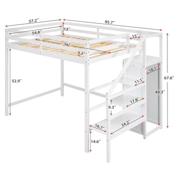 Modern Style Full Size Loft Bed withStaircase and Built-in Storage Wardrobe.