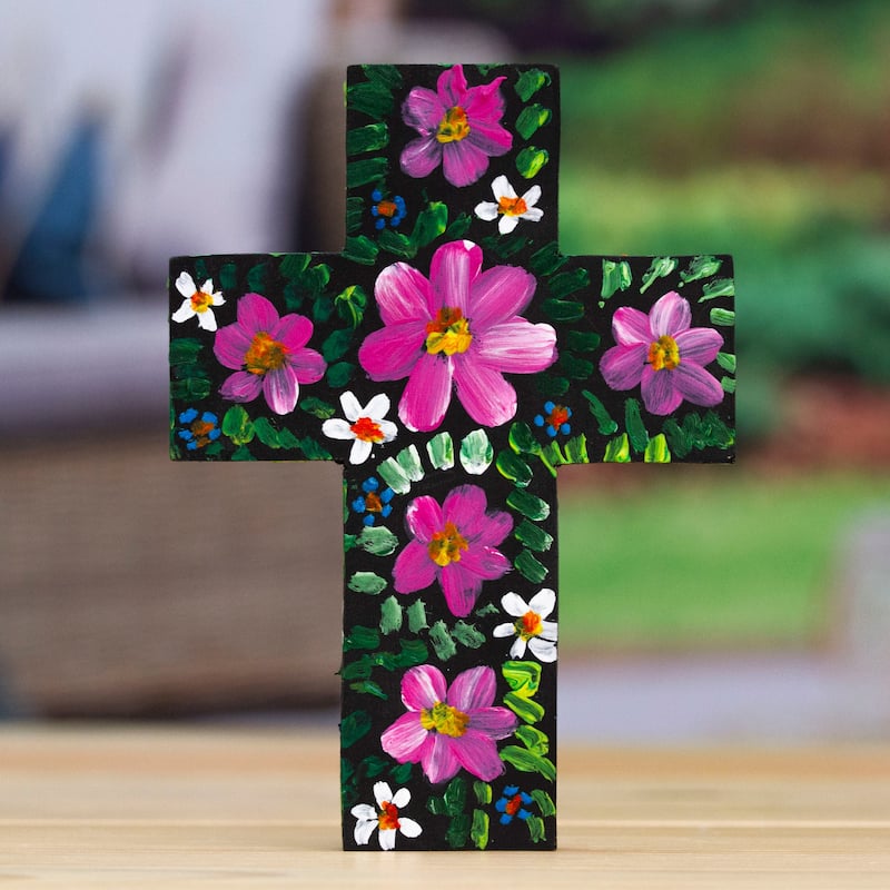 Novica Handmade Magenta Prayers Wood Cross
