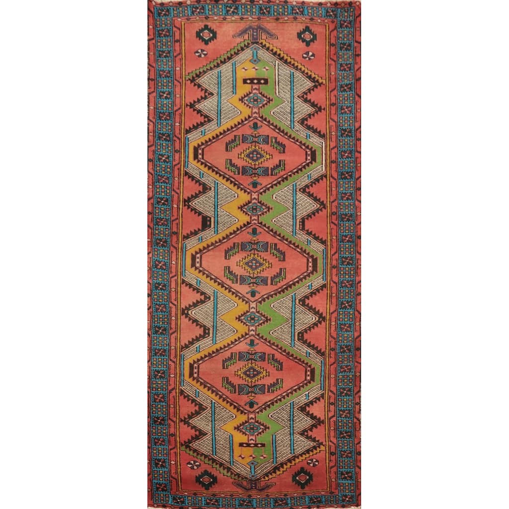 Hand Knotted Oriental 100% Wool Carpet Traditional Geometric Coral Ardebil Runner Rug - 9' 4'' X 3' 6''