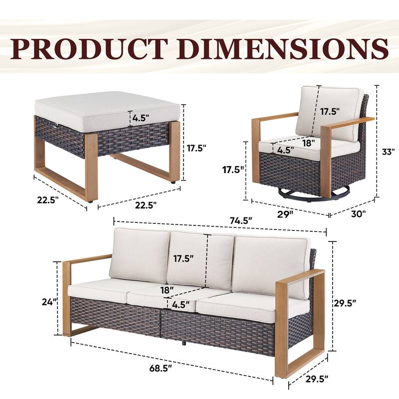 Gymojoy Outdoor Patio Sofa Swivel Chair Ottoman Sets - Brown