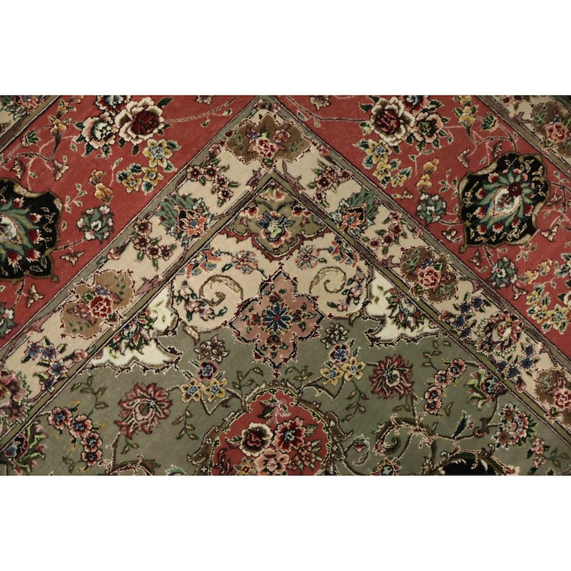 Hand Knotted Oriental Wool & Silk Carpet Traditional Floral Black Tabriz Area Rug - 11' 9'' X 9' 1''