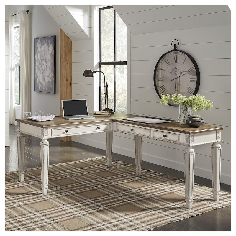 Realyn Antique White/Brown 2-Piece Home Office Desk - White/Brown