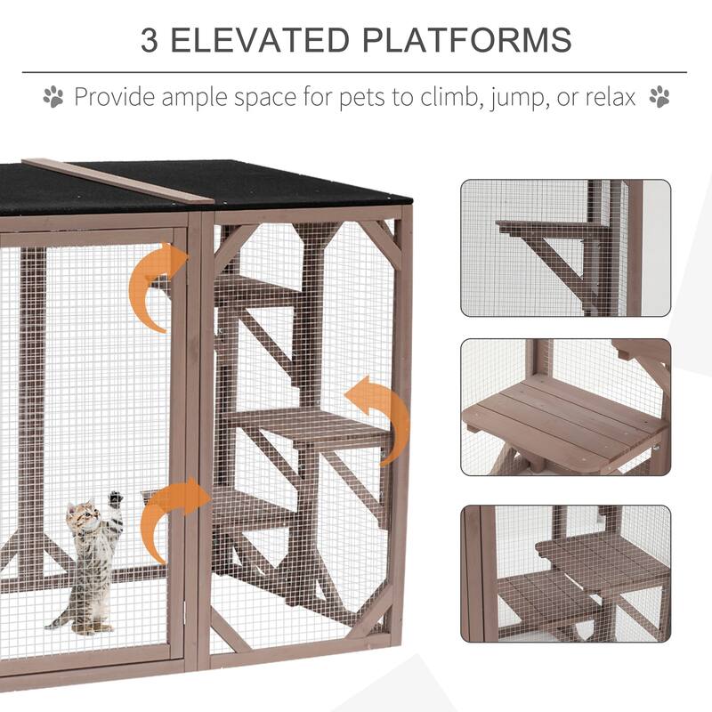 PawHut Outdoor Cat House, Catio Wooden Feral Cat Shelter, Large Enter Door, Weather Protection Asphalt Roof - Brown