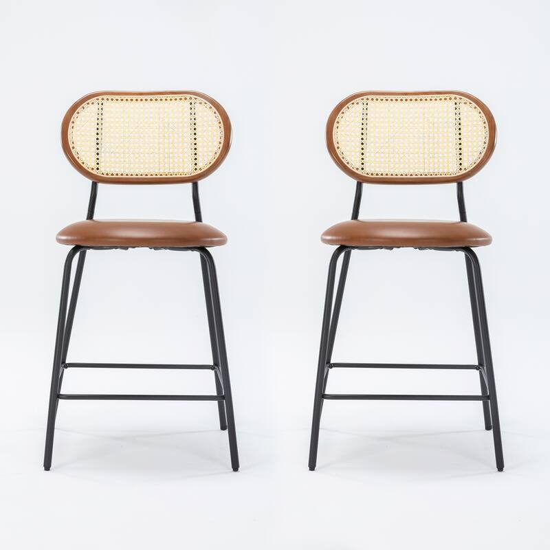 24 in. Rattan Counter Height Bar Stools with Faux Leather Seat (set of 2)