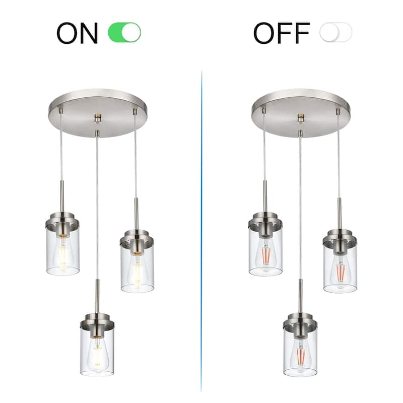 3-Light Farmhouse Brushed Nickel Pendant Lights Kitchen Island, Light Fixtures Ceiling Hanging with Clear Glass Shade