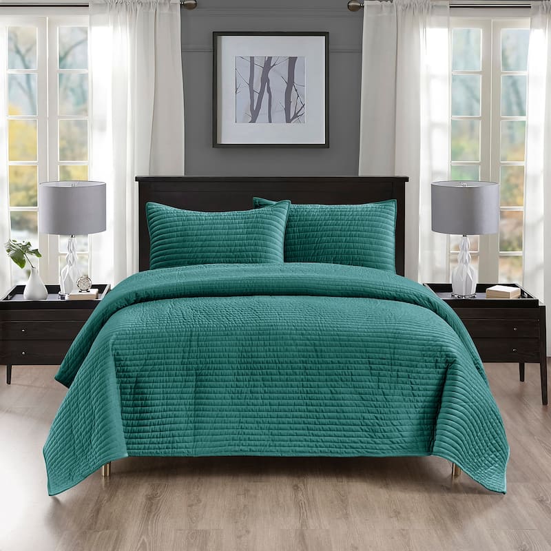 Pointehaven Heavy-Weight Oversized Channel Design Velvet Quilt Sets - Mineral Blue - Full - Queen