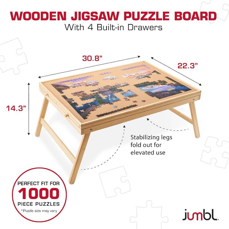 Jumbl Puzzle Board with Drawers, Foldable Legs & Cover - Wooden Jigsaw Puzzle Table - Brown