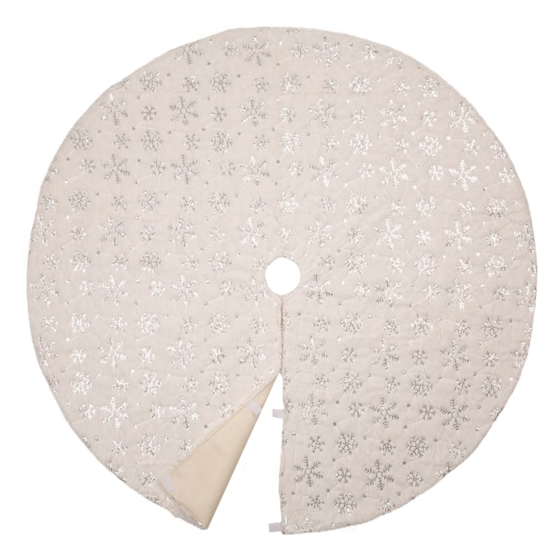 Glitzhome 48"D White Plush with Snowflake Christmas Tree Skirt