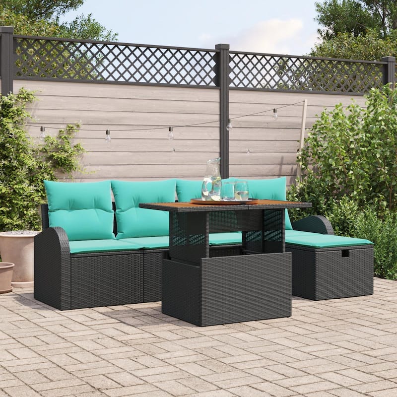 vidaXL 6 Piece Garden Sofa Set with Cushions Black Poly Rattan - 92.1 x 46.1 x 27.2