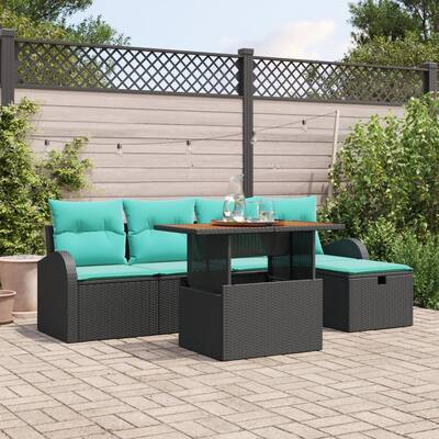 vidaXL 6 Piece Garden Sofa Set with Cushions Black Poly Rattan - 92.1 x 46.1 x 27.2