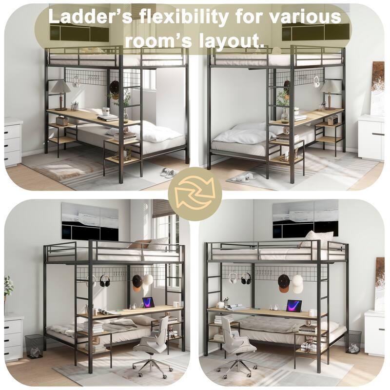 Full Over Twin Bunk Bed with Desk and Charging Station and Storage Shelves and Metal Wire Mesh Panel with Hooks,Guard & Stairs