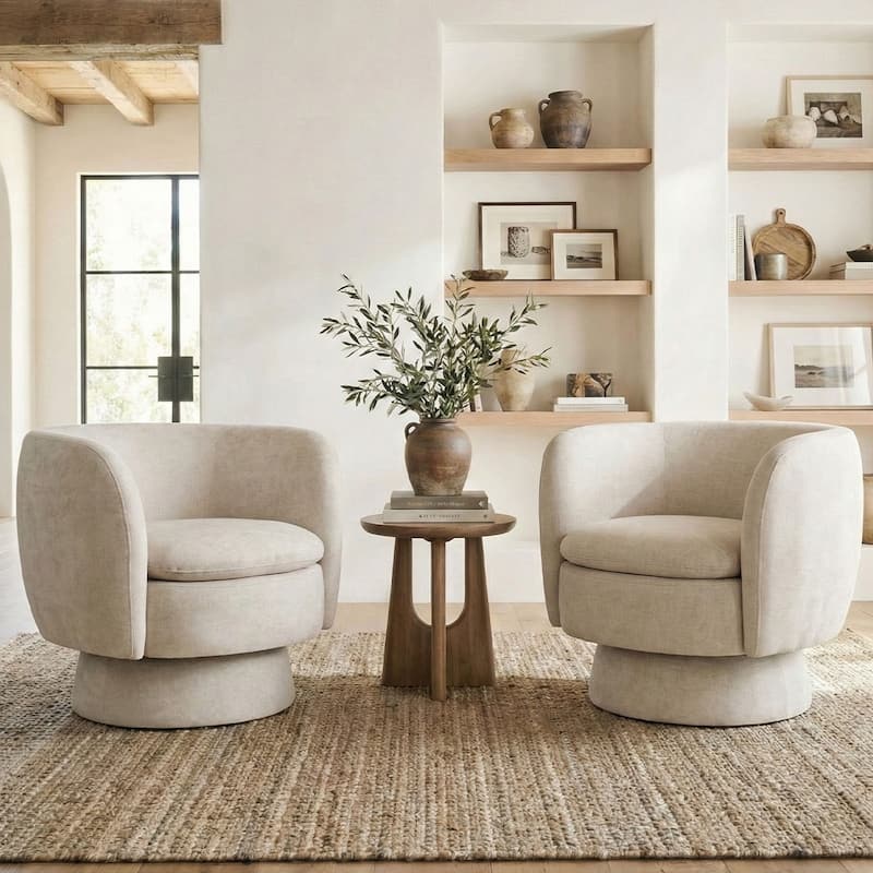 Upholstered Swivel Barrel Accent Chairs(Set of 2) - Beige