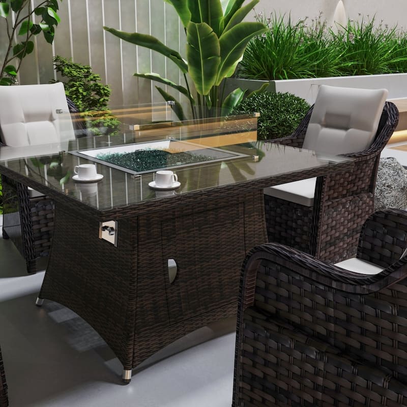 Modern Outdoor Square Fire Pit Table Set with 4 Dining Chairs