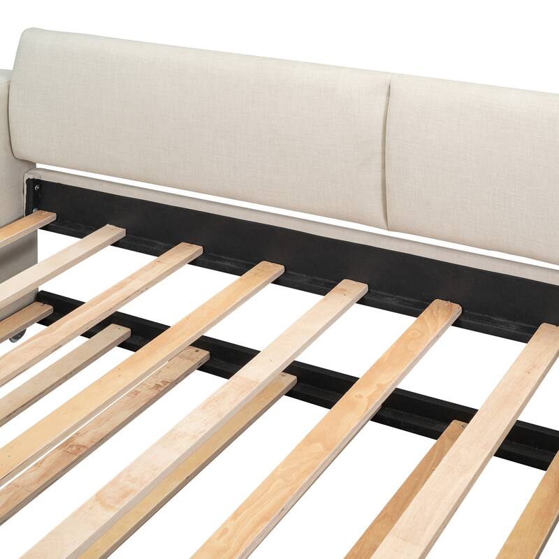 Twin Size Upholstered Daybed with Storage Arms, Trundle, and USB Charging in Beige