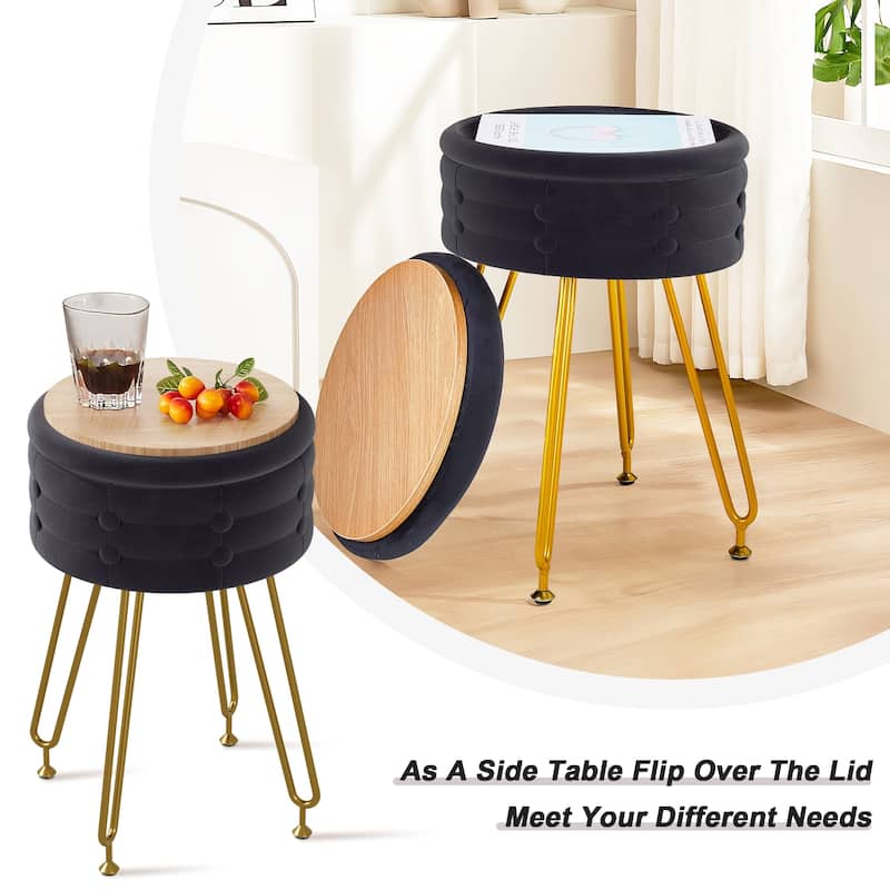 VECELO 18.5"H Multi-Functional Velvet Vanity Stool Tufted Small Vanity Chair with Metal Legs Convertible Storage End Table