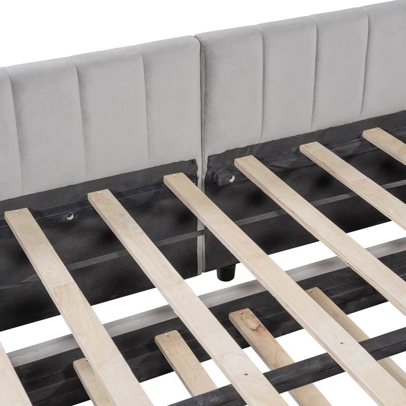 2-in-1 Daybed with Pop Up Trundle Bed, L-Shaped Upholstered Daybed Convertible Platform Bed, Vertical Stripes Frame Sofa Bed
