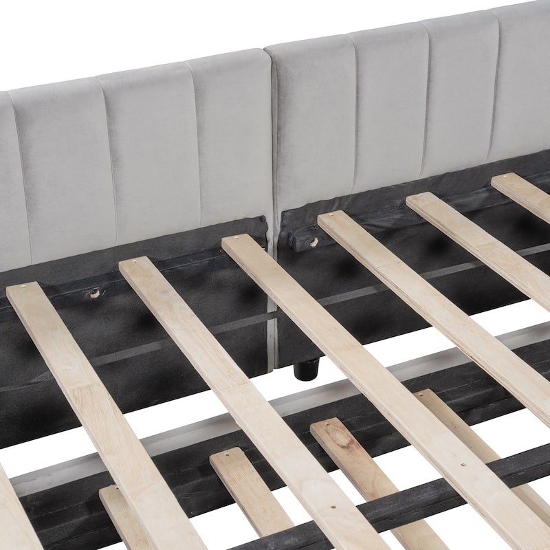 L Shaped Upholstered Daybed, Full Size Fabric Platform Sofa Bed with Twin Size Pop Up Trundle, Wooden Slats Support